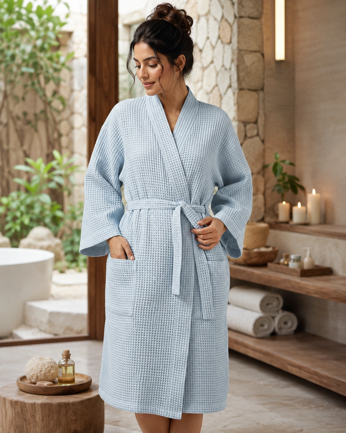 Waffle cotton spa robe sky blue hotel spa